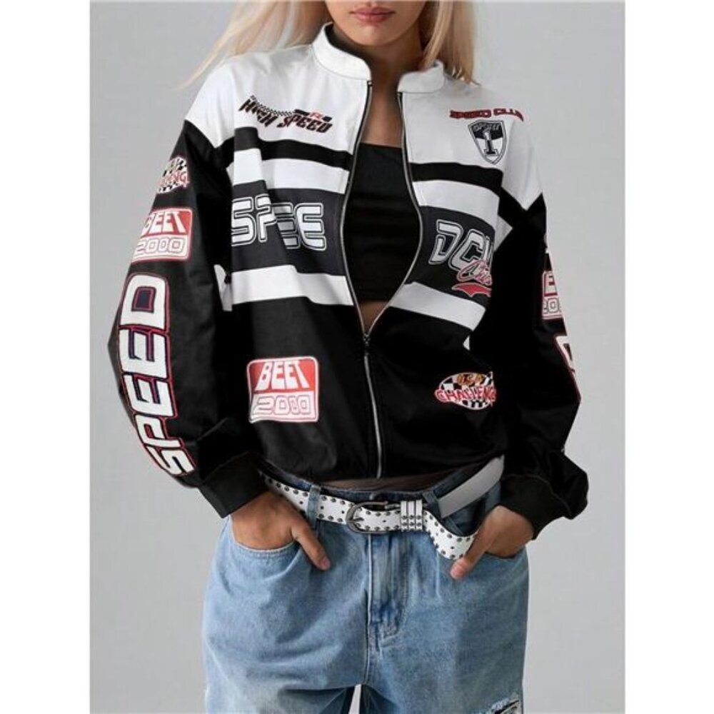 Letter Zip Up Dropped Shoulder Jacket